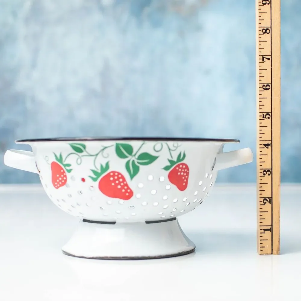 Vintage Enamelware Strawberry Colander Strainer White Red Footed Farmhouse
